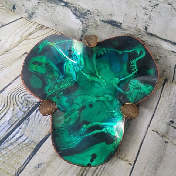 Other - Vintage 1960s Mexican Foil Art Glass Ashtray Trinket Dish Copper Blue Green 7 IN